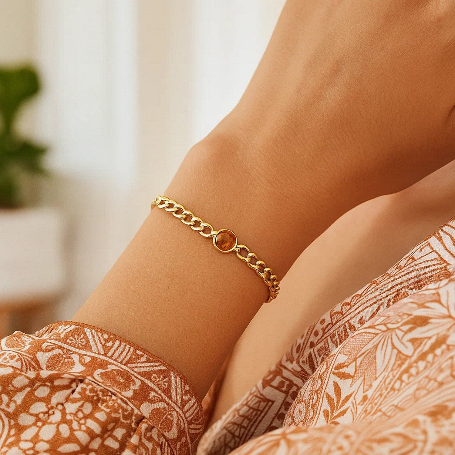 14K Yellow Gold Citrine Curb Chain Bracelet (3.60mm)