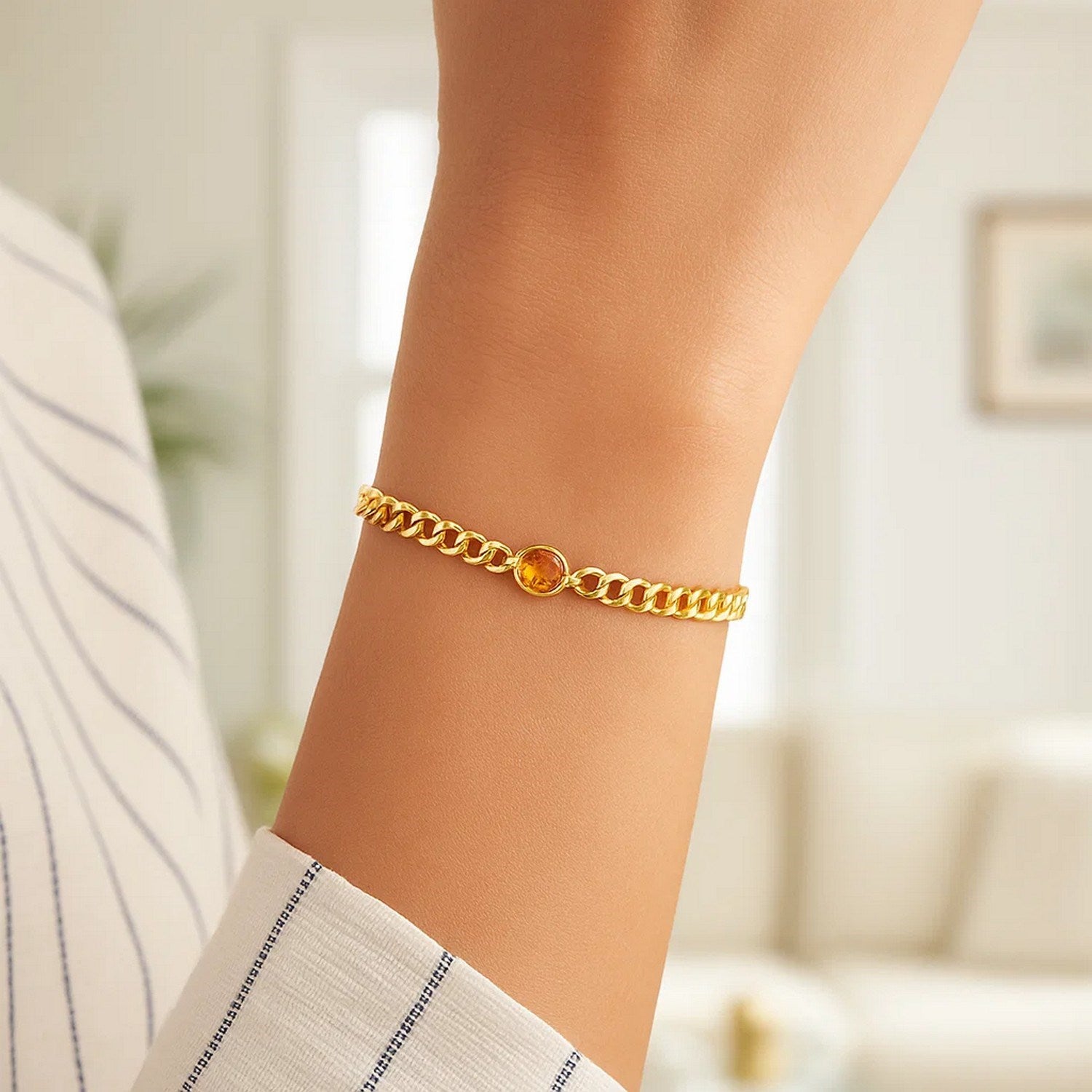 14K Yellow Gold Citrine Curb Chain Bracelet (3.60mm)