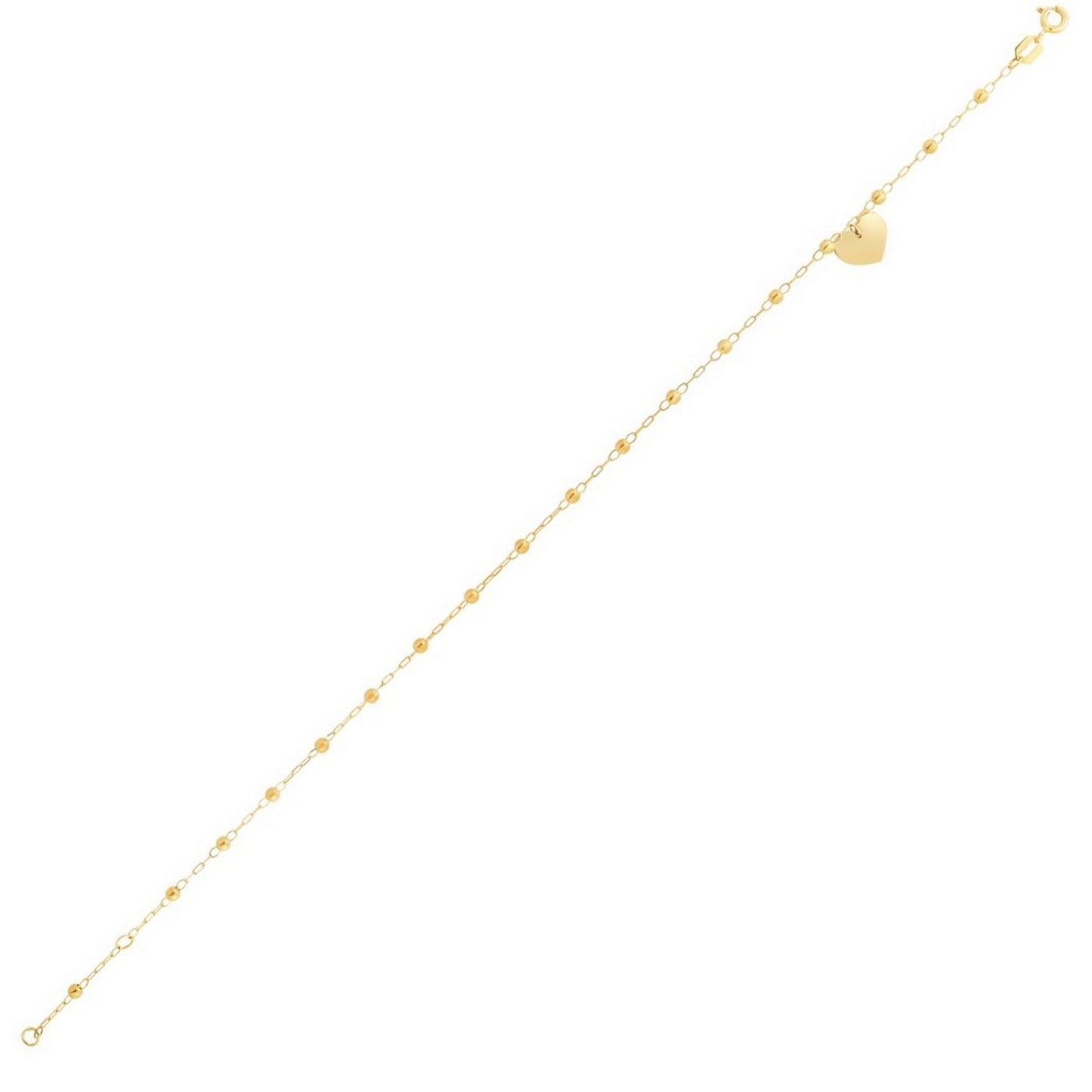 14K Yellow Gold Dangle Heart and Bead Station Anklet