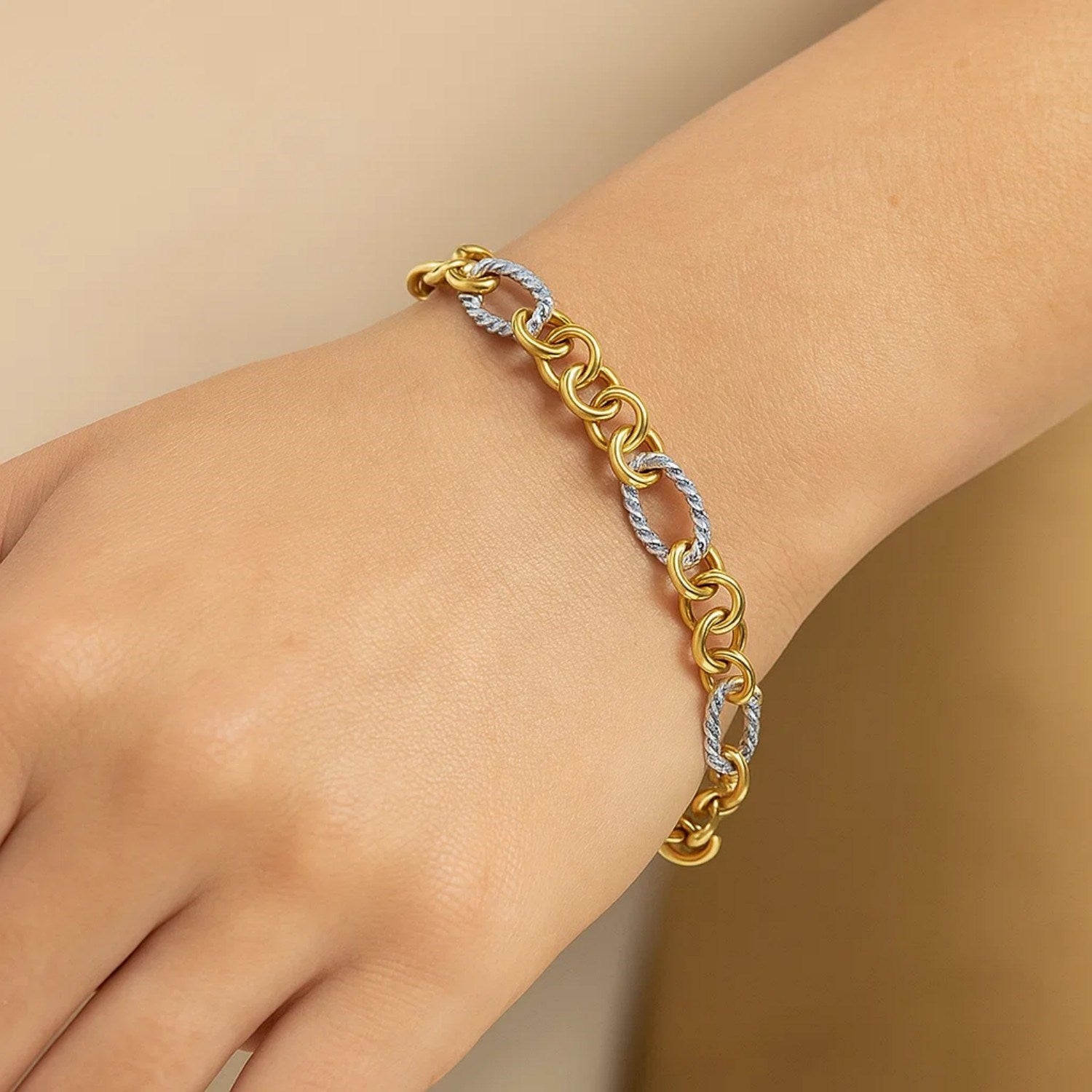 14K Two-Tone Gold Rope Motif Oval & Round Link Chain Bracelet (8.80mm)