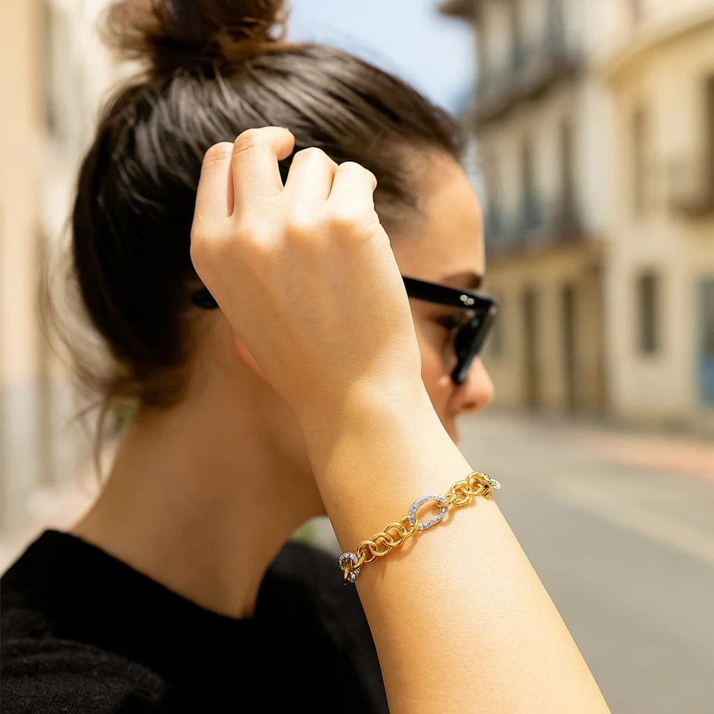 14K Two-Tone Gold Rope Motif Oval & Round Link Chain Bracelet (8.80mm)
