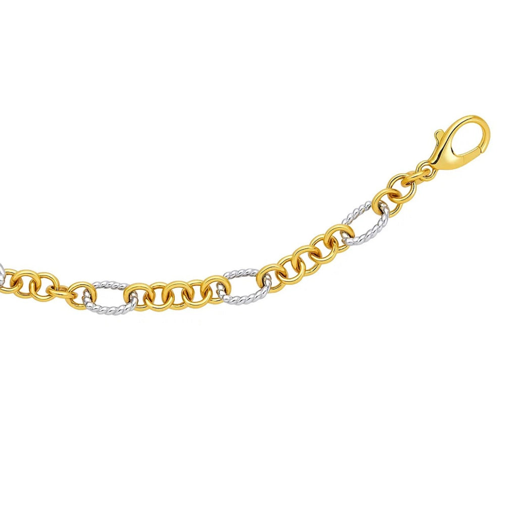 14K Two-Tone Gold Rope Motif Oval & Round Link Chain Bracelet (8.80mm)