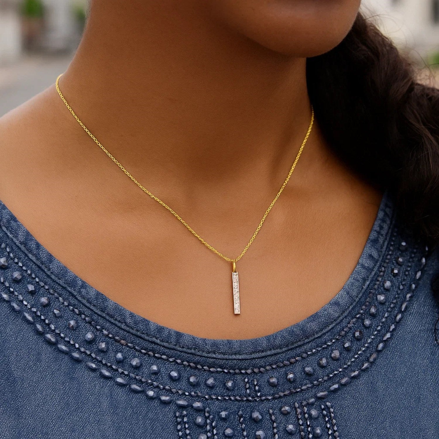 14k Yellow Gold Bar Pendant with Diamonds