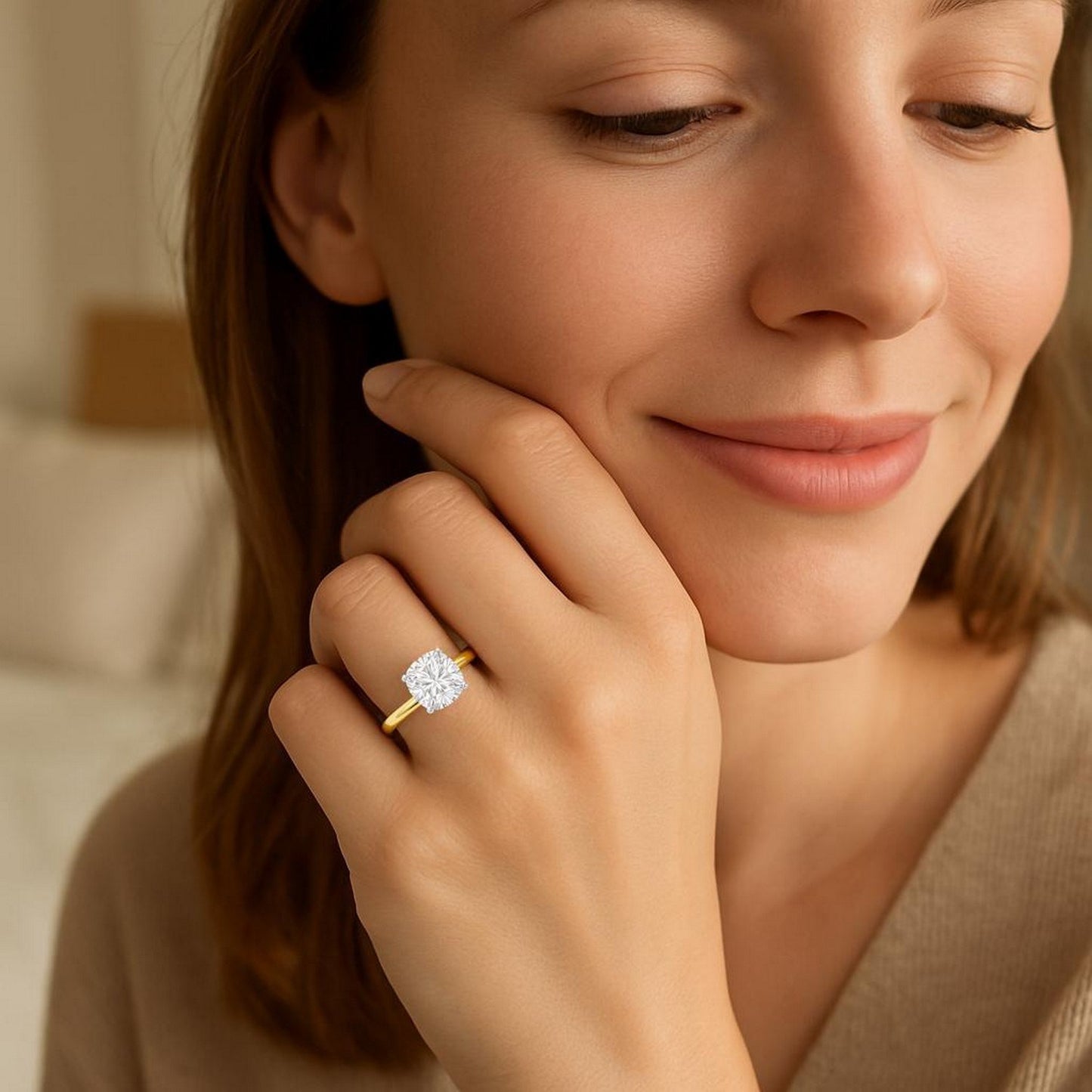 5 Carat Cushion Lab Grown IGI G/VS1 Diamond Solitaire Ring in 14K Yellow Gold