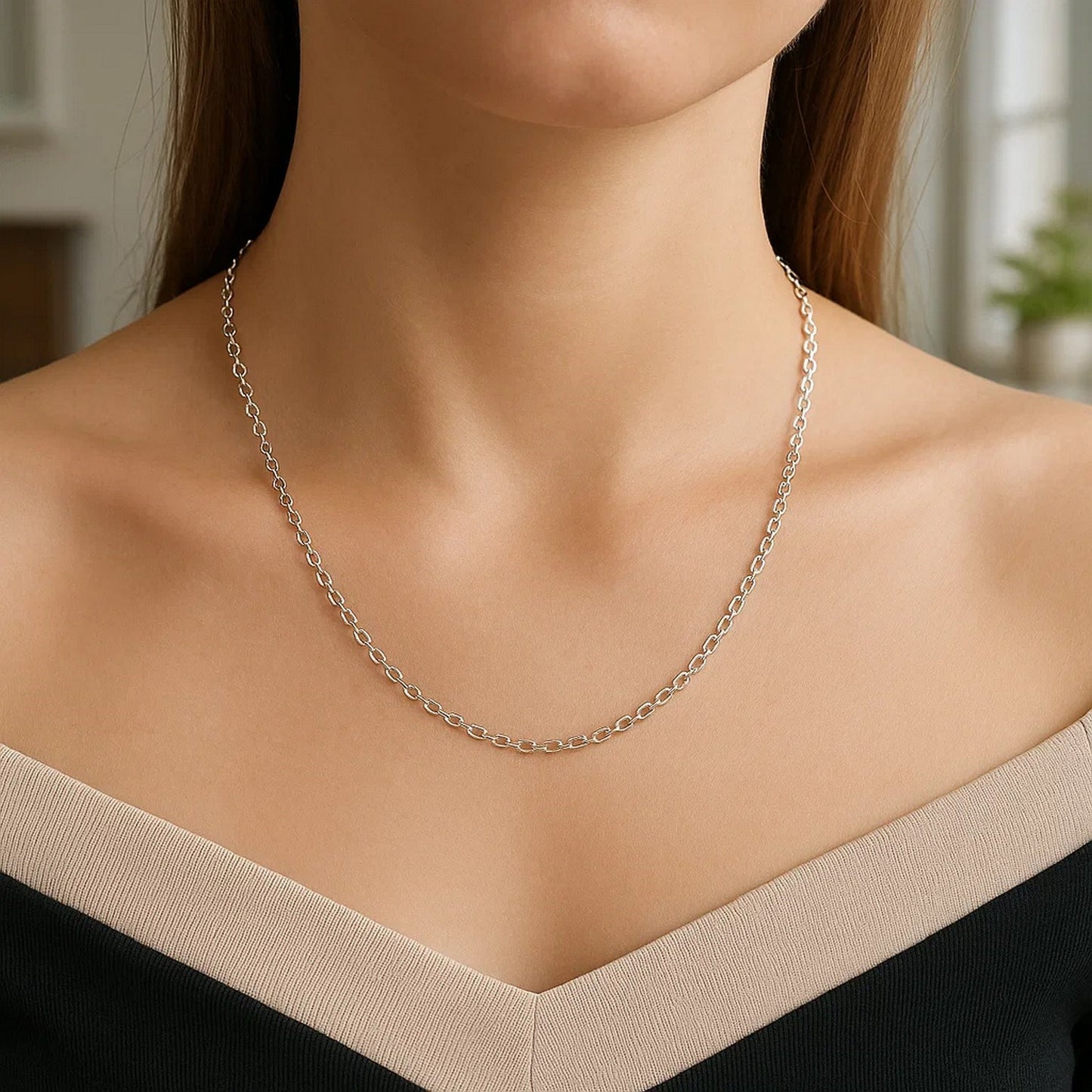 14K White Gold Round Cable Link Chain Necklace (2.40 mm)