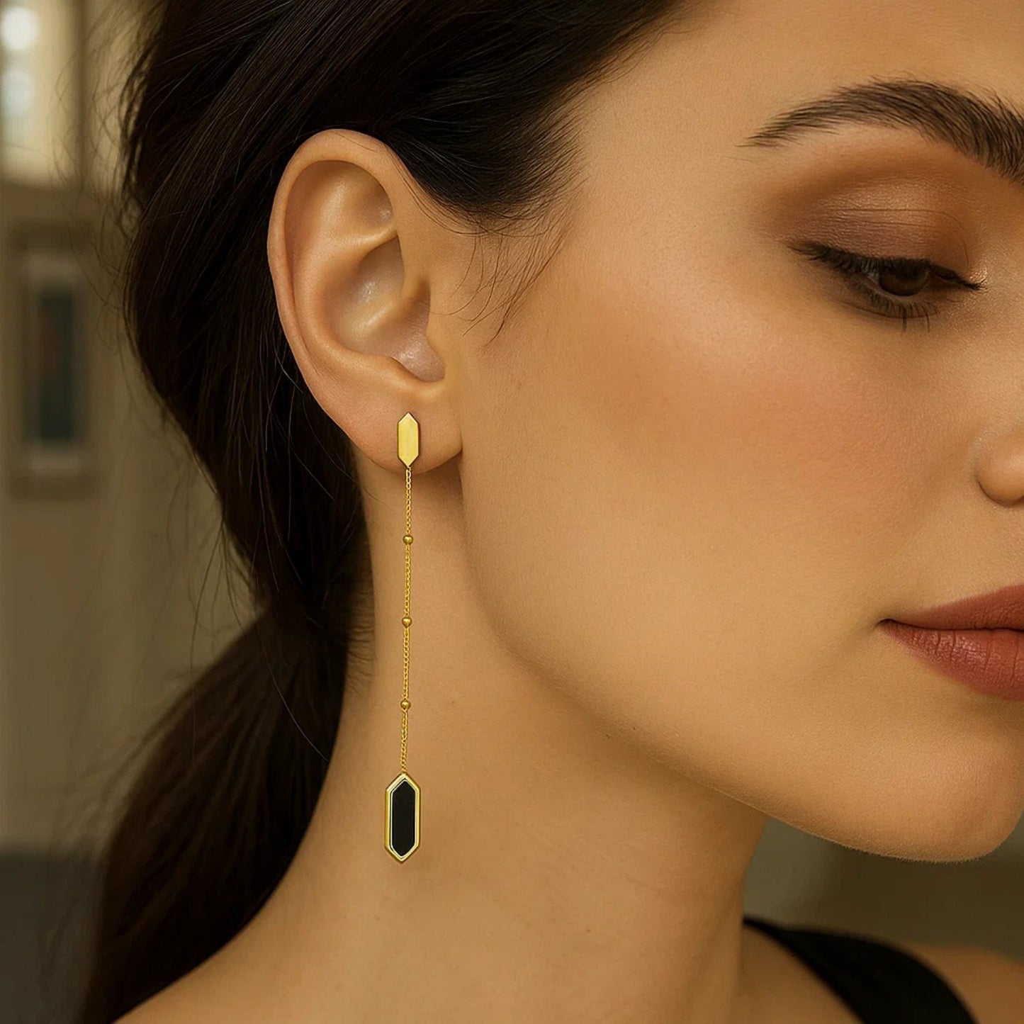 14K Yellow Gold Hexagon Onyx Drop Earrings