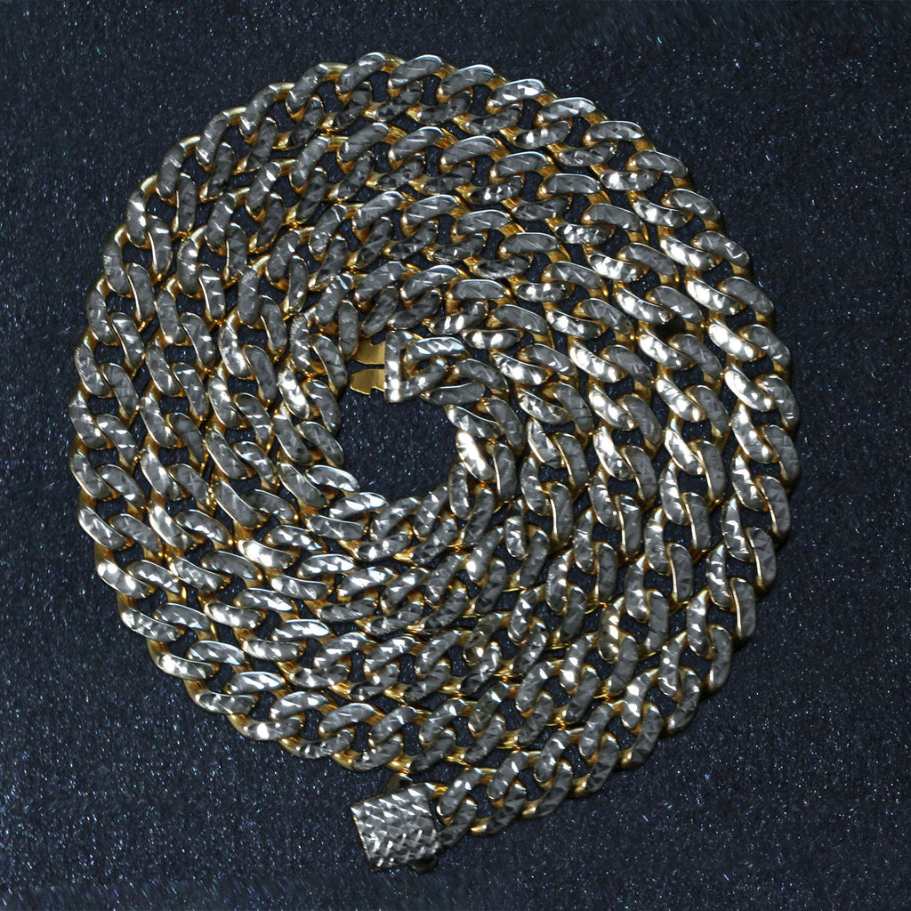 14K Yellow Gold White Pavé High Polish Modern Lite Miami Cuban Chain Necklace (6.50mm)
