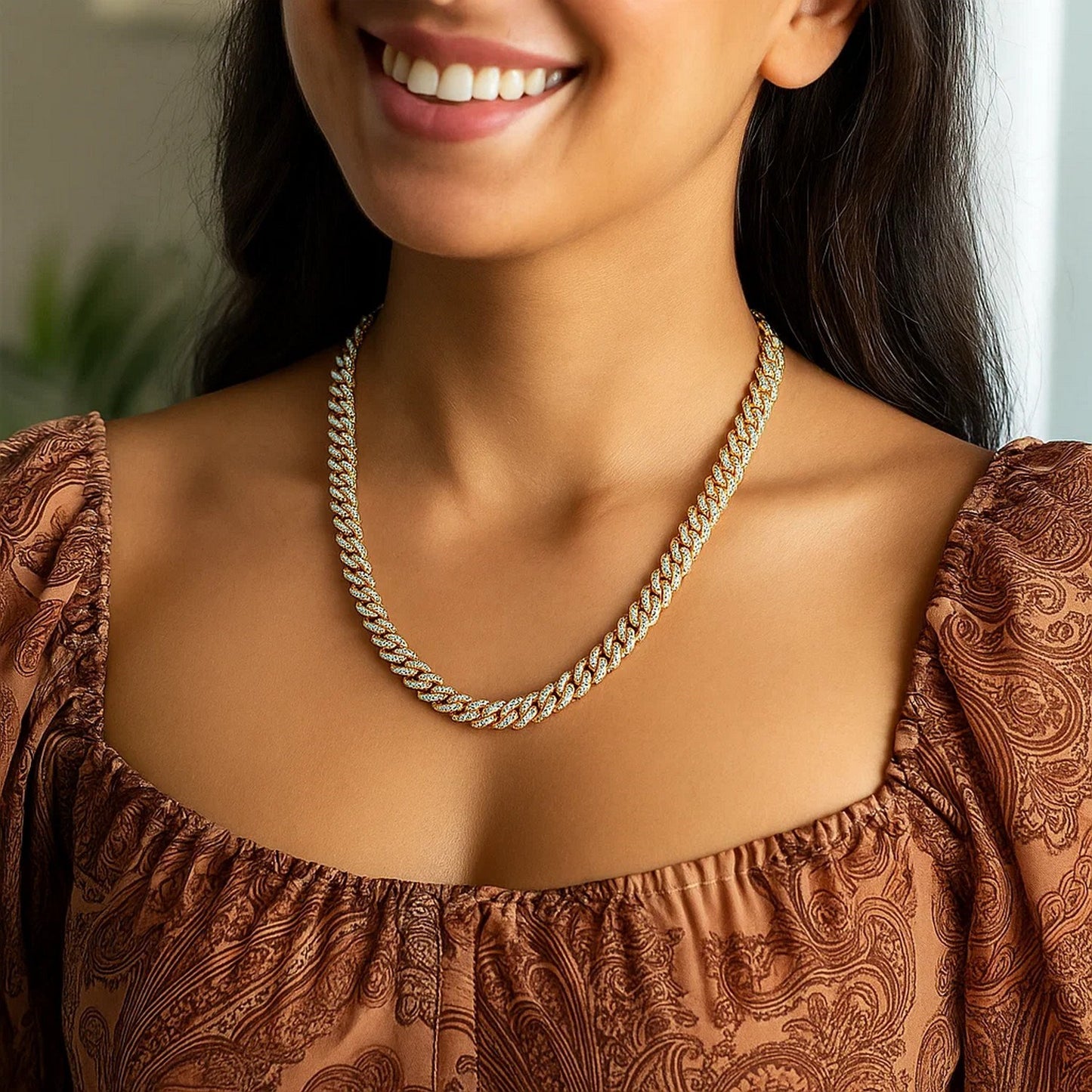 14K Yellow Gold White Pavé High Polish Modern Lite Miami Cuban Chain Necklace (6.50mm)