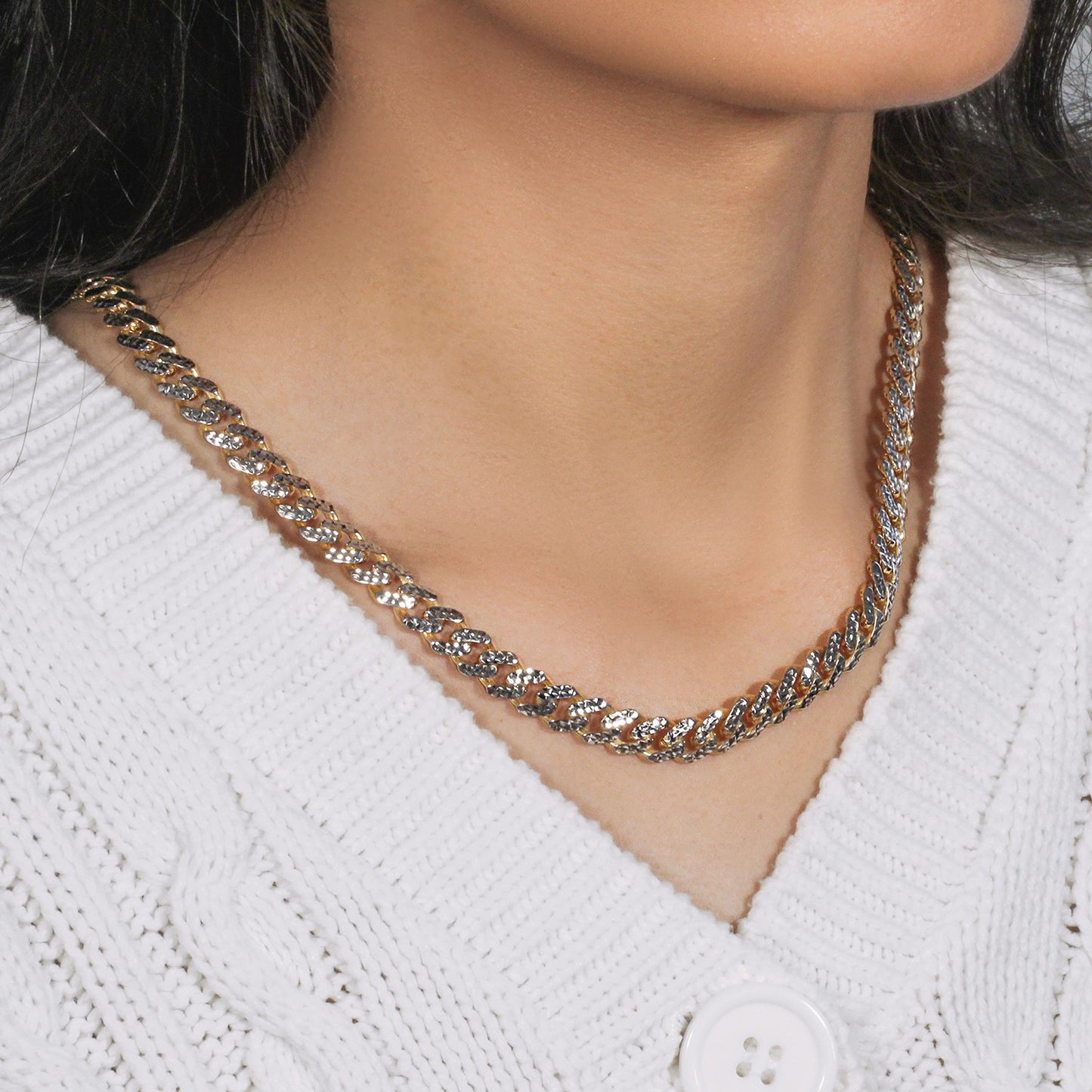 14K Yellow Gold White Pavé High Polish Modern Lite Miami Cuban Chain Necklace (8.00mm)