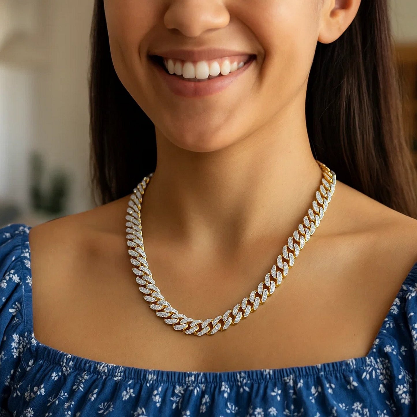 14K Yellow Gold White Pavé High Polish Modern Lite Miami Cuban Chain Necklace (8.00mm)