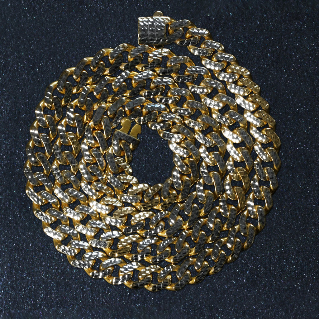 14K Yellow Gold White Pavé High Polish Modern Lite Miami Cuban Chain Necklace (8.00mm)