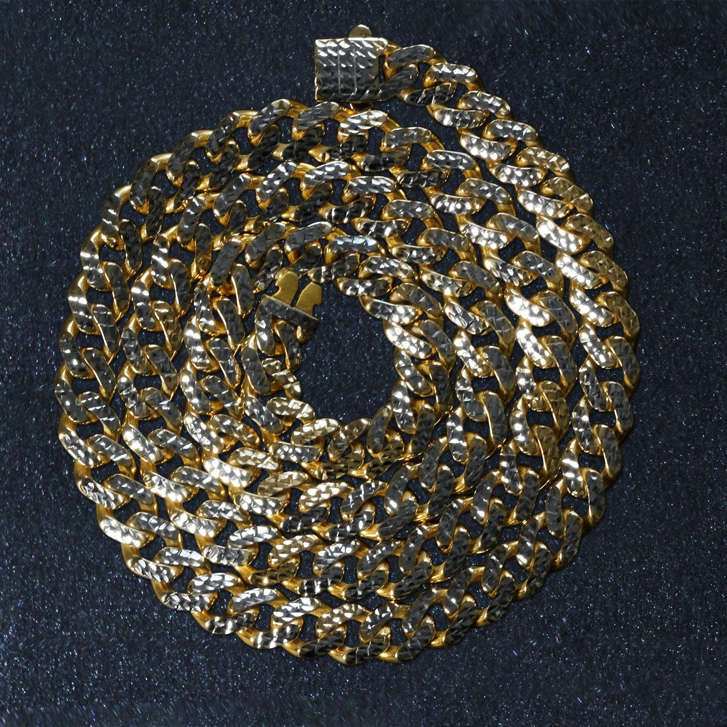 14K Yellow Gold White Pavé High Polish Modern Lite Miami Cuban Chain Necklace (8.00mm)