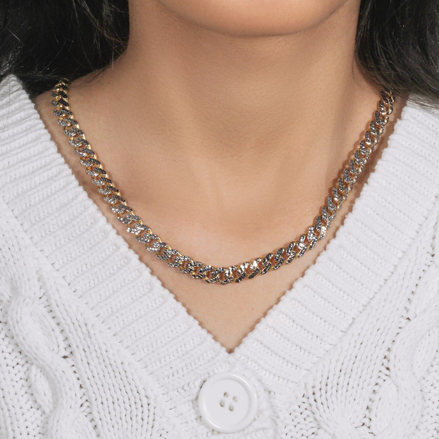 14K Yellow Gold White Pavé High Polish Modern Lite Miami Cuban Chain Necklace (8.00mm)
