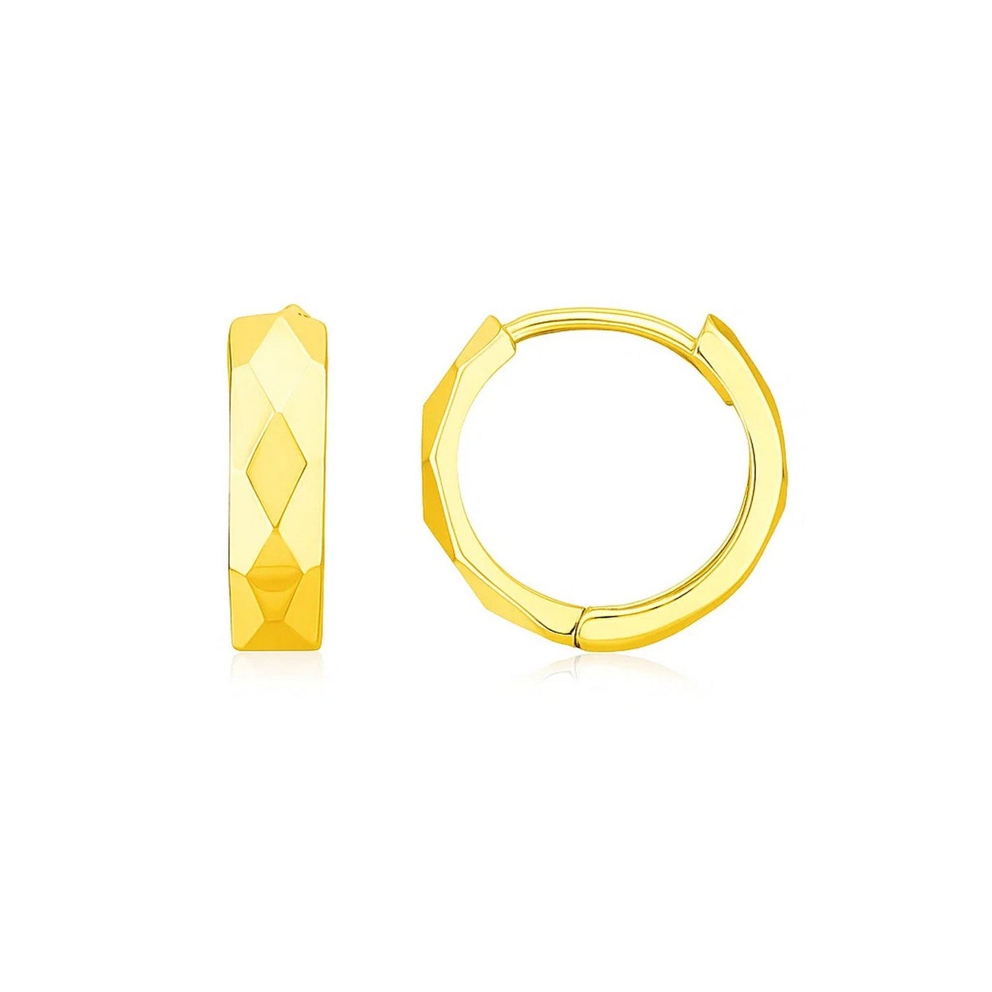 14K Yellow Gold Faceted Diamond Motif Huggie Earrings