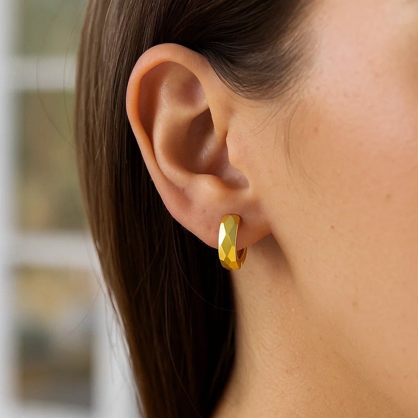 14K Yellow Gold Faceted Diamond Motif Huggie Earrings