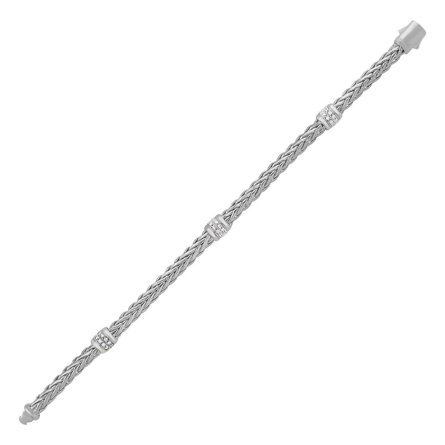 14K White Gold Polished Woven Rope Bracelet with Diamond Accents