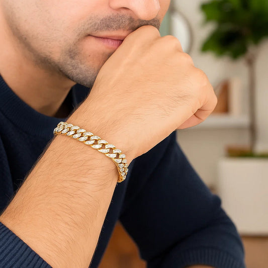 14K Yellow Gold White Pavé High Polish Modern Lite Miami Cuban Bracelet (8.00mm)
