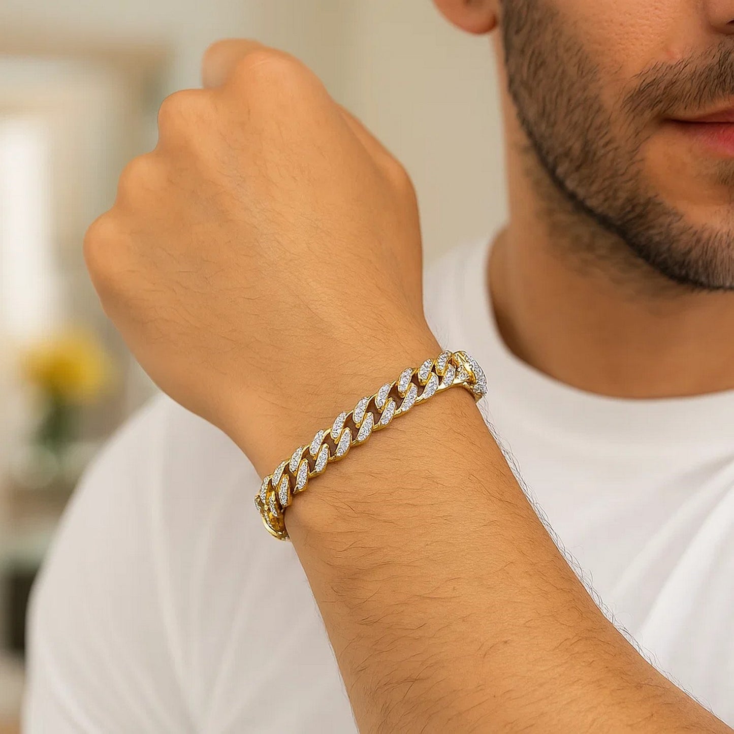 14K Yellow Gold White Pavé High Polish Modern Lite Miami Cuban Bracelet (8.00mm)