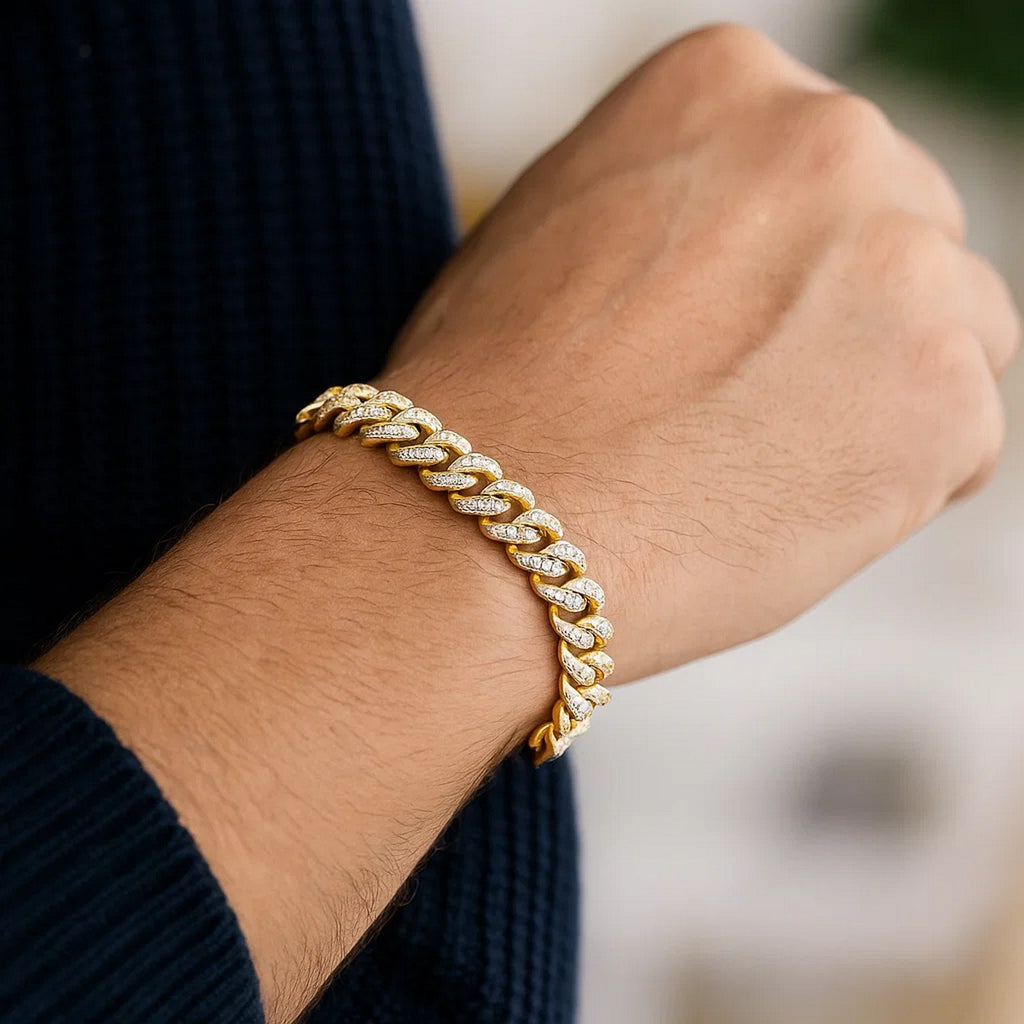 14K Yellow Gold White Pavé High Polish Modern Lite Miami Cuban Bracelet (8.00mm)