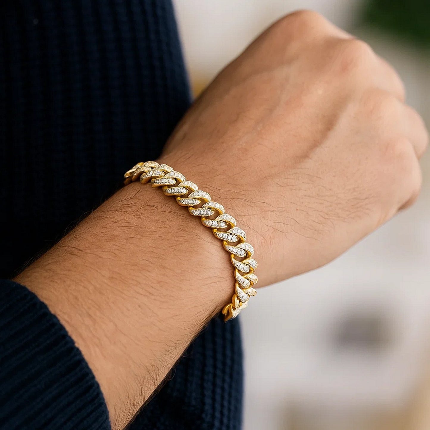 14K Yellow Gold White Pavé High Polish Modern Lite Miami Cuban Bracelet (8.00mm)