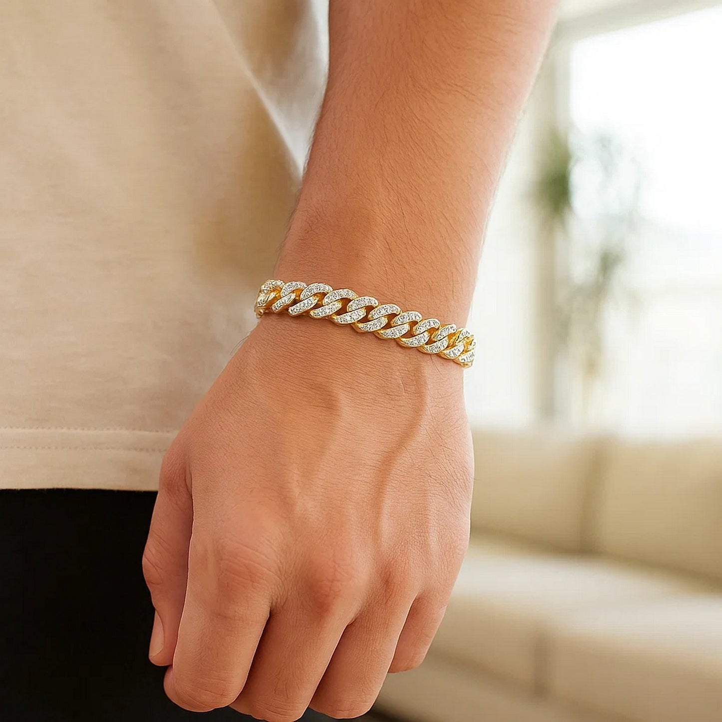 14K Yellow Gold White Pavé High Polish Modern Lite Miami Cuban Bracelet (8.00mm)