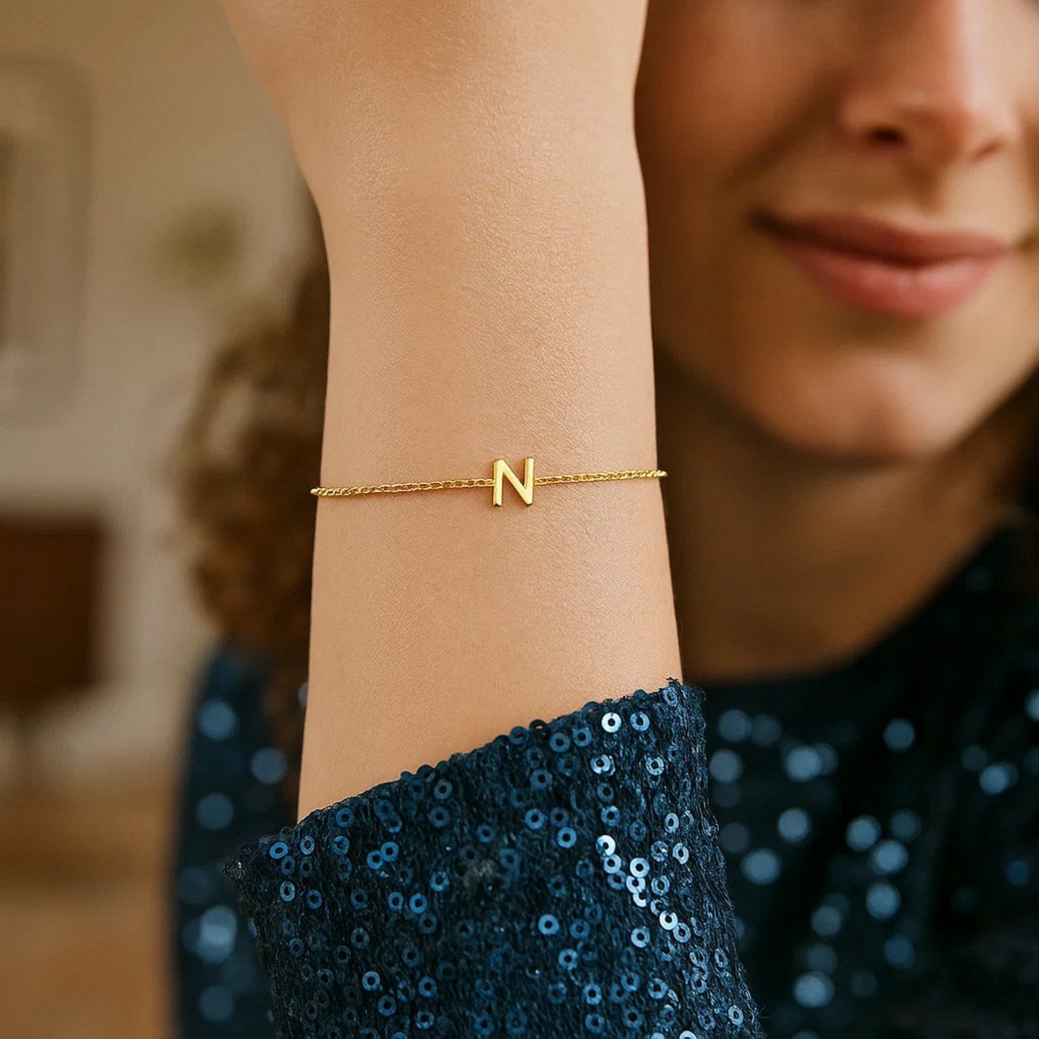 14K Yellow Gold Women's Mini Initial N Bracelet – 7 Inches – 14K Gold