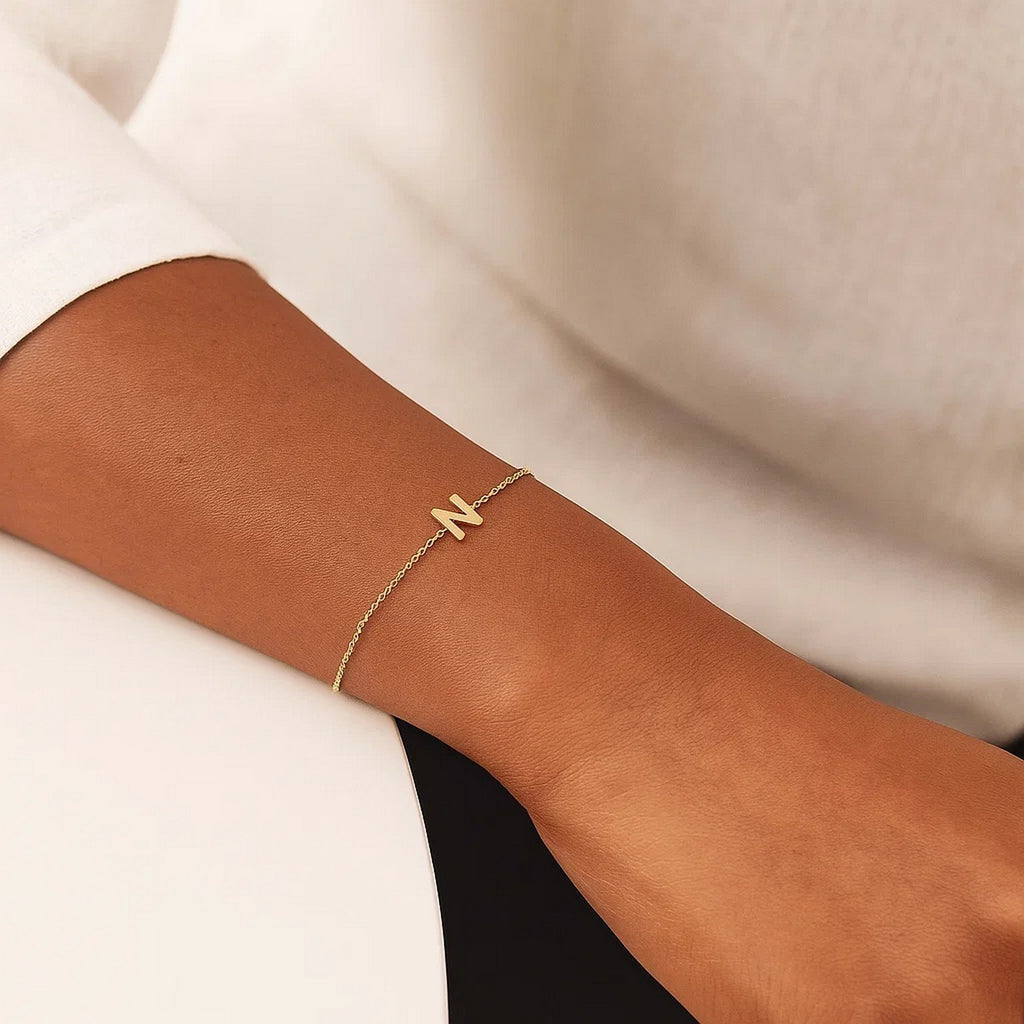14K Yellow Gold Women's Mini Initial N Bracelet – 7 Inches – 14K Gold