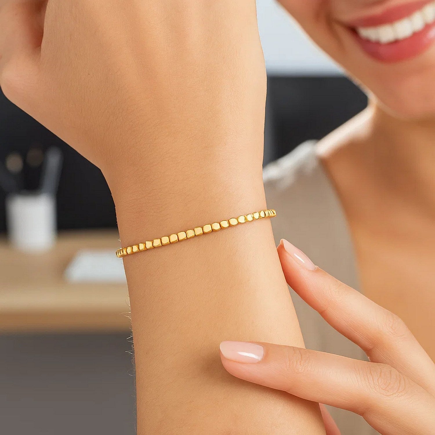 14k Yellow Gold High Polish Bead Cuff Bangle (2.40 mm)