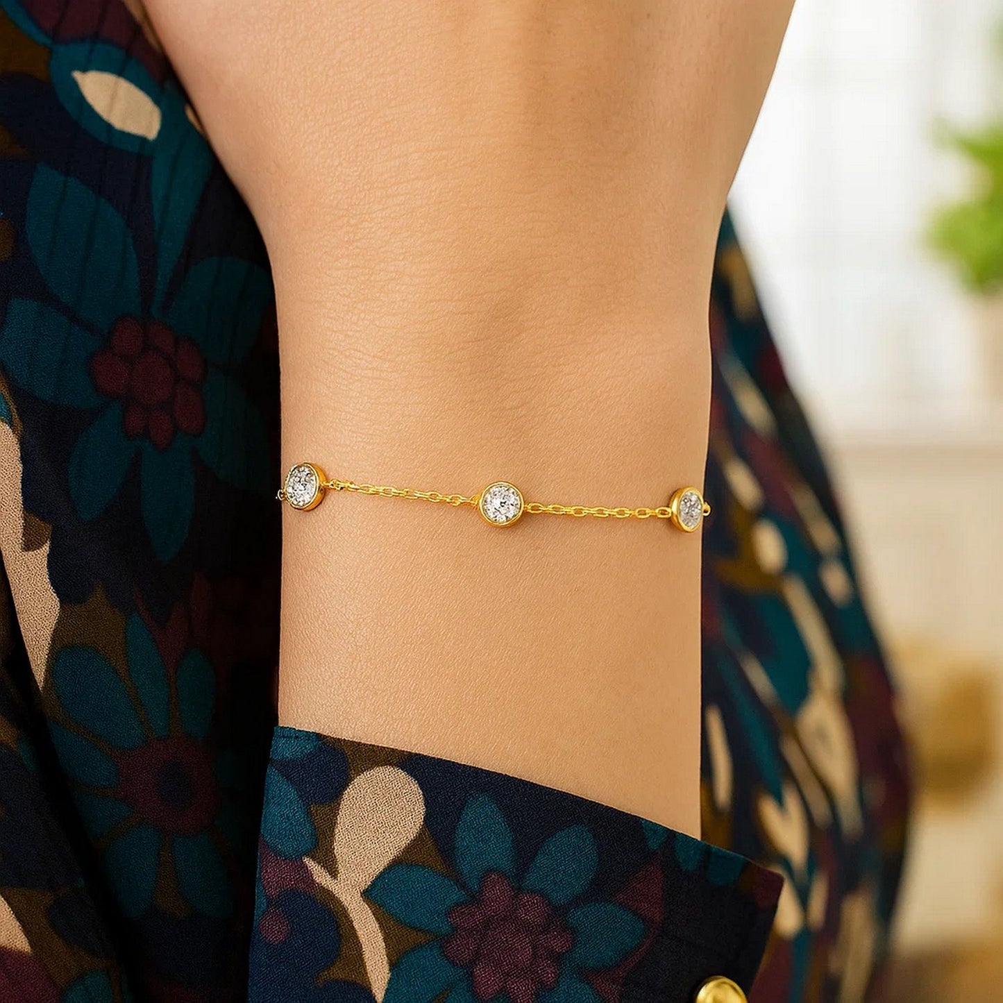 14K Yellow Gold CZ Station Chain Bracelet