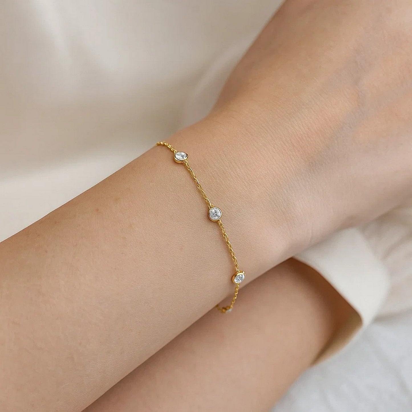 14K Yellow Gold CZ Station Chain Bracelet