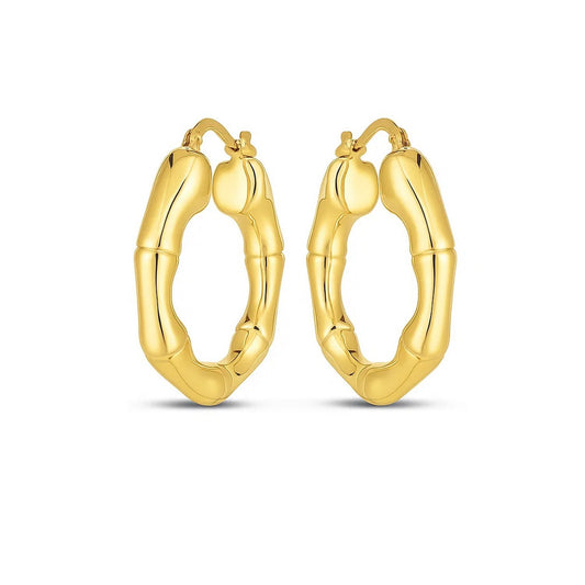 14k Yellow Gold Medium Bamboo Hoop Earrings