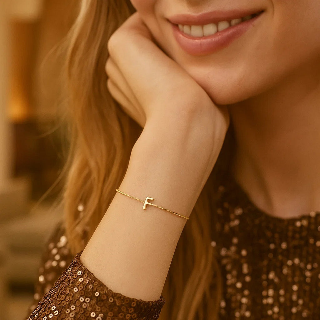14K Yellow Gold Women's Mini Initial F Bracelet – 7 Inches – 14K Gold