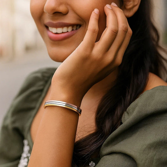 14K Tri-Color Gold Layered Trinity Bangle | Yellow, White & Rose Gold | 7.30 mm