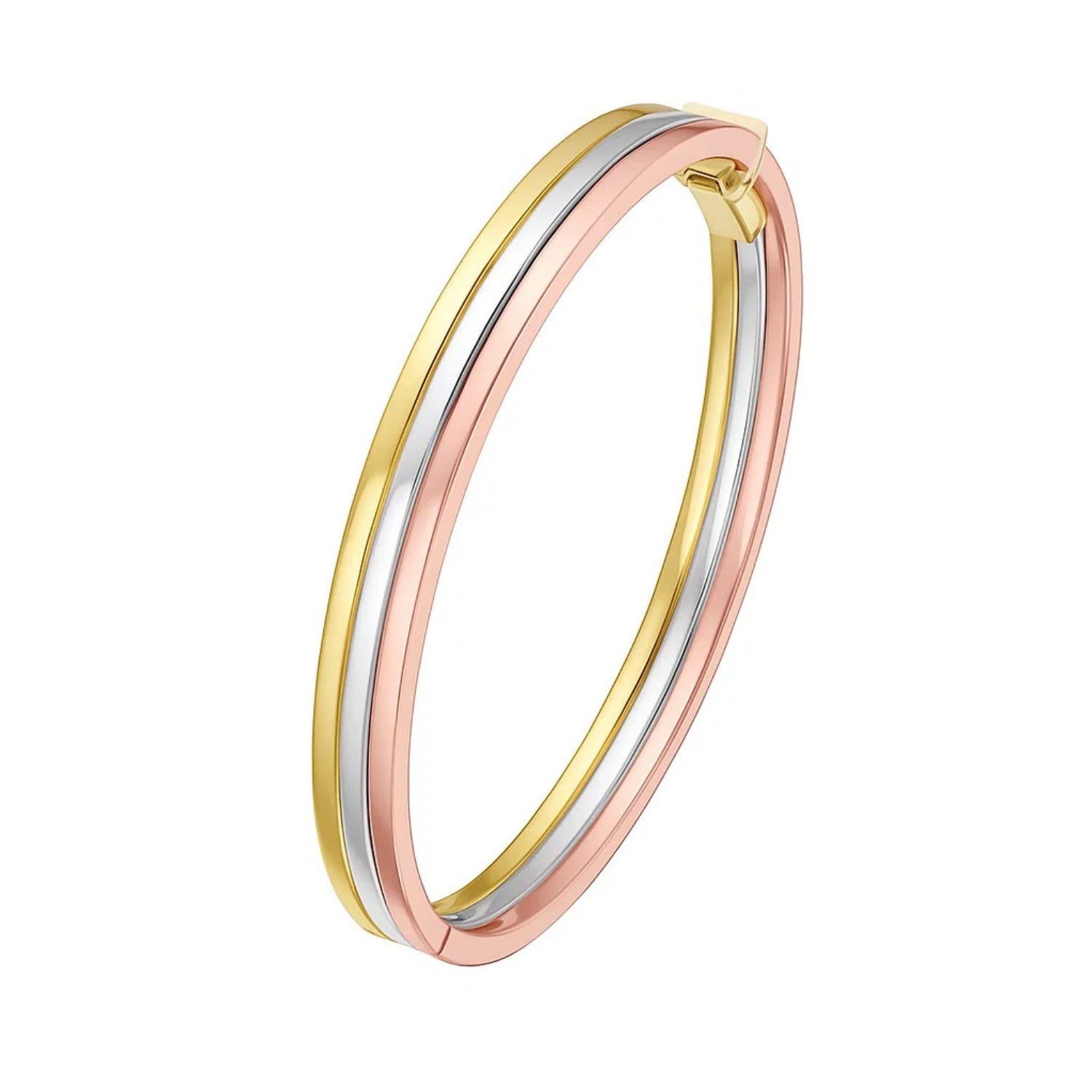14K Tri-Color Gold Layered Trinity Bangle | Yellow, White & Rose Gold | 7.30 mm