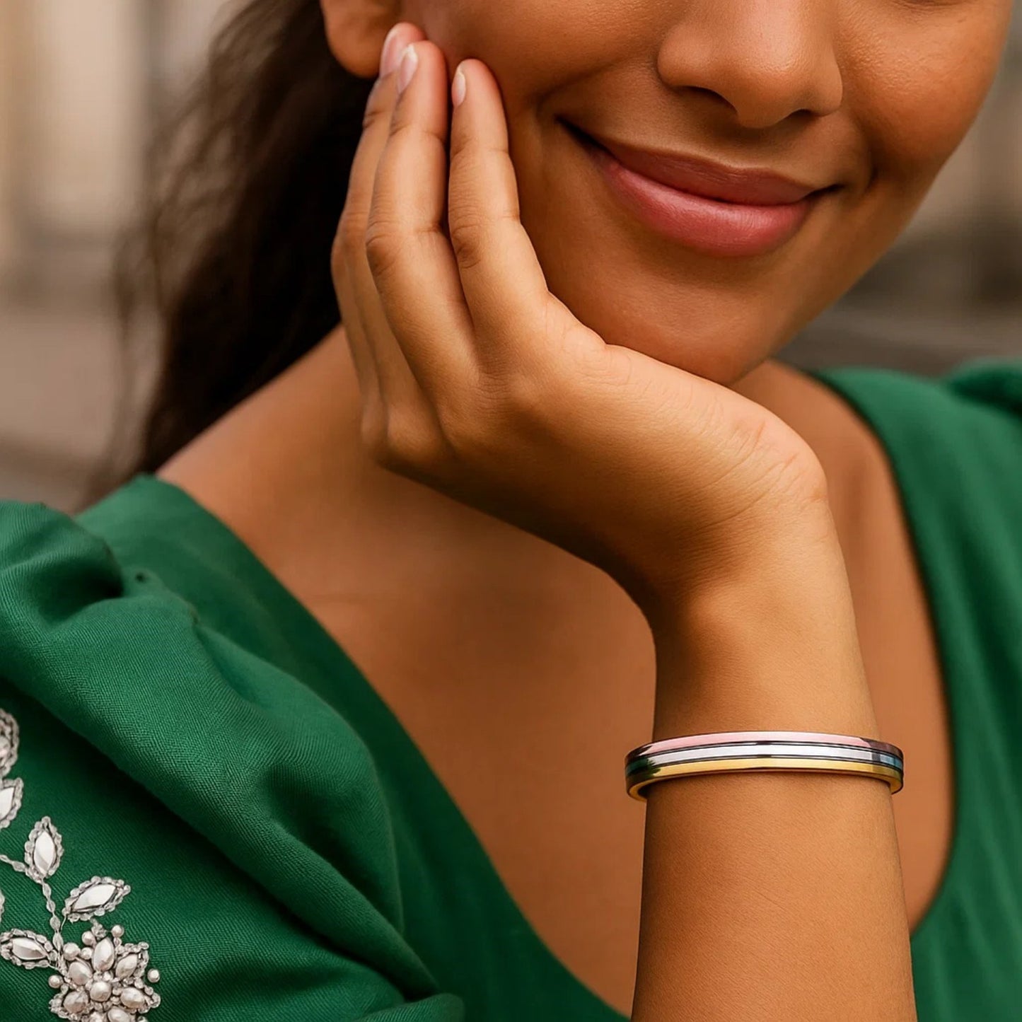 14K Tri-Color Gold Layered Trinity Bangle | Yellow, White & Rose Gold | 7.30 mm