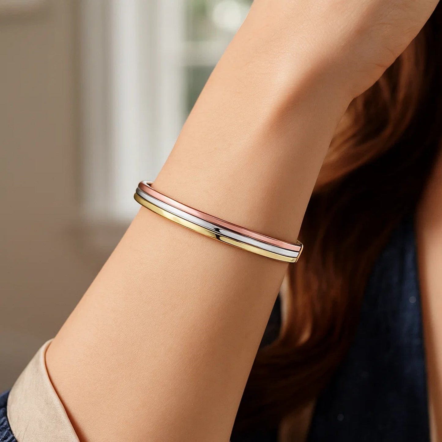 14K Tri-Color Gold Layered Trinity Bangle | Yellow, White & Rose Gold | 7.30 mm