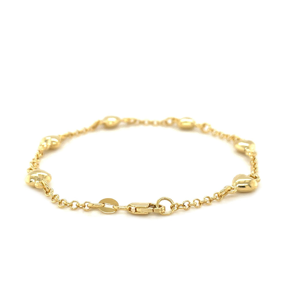 14K Yellow Gold Rolo Chain Bracelet with Puffed Heart Stations (3.30mm)