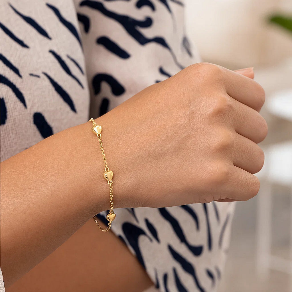 14K Yellow Gold Rolo Chain Bracelet with Puffed Heart Stations (3.30mm)