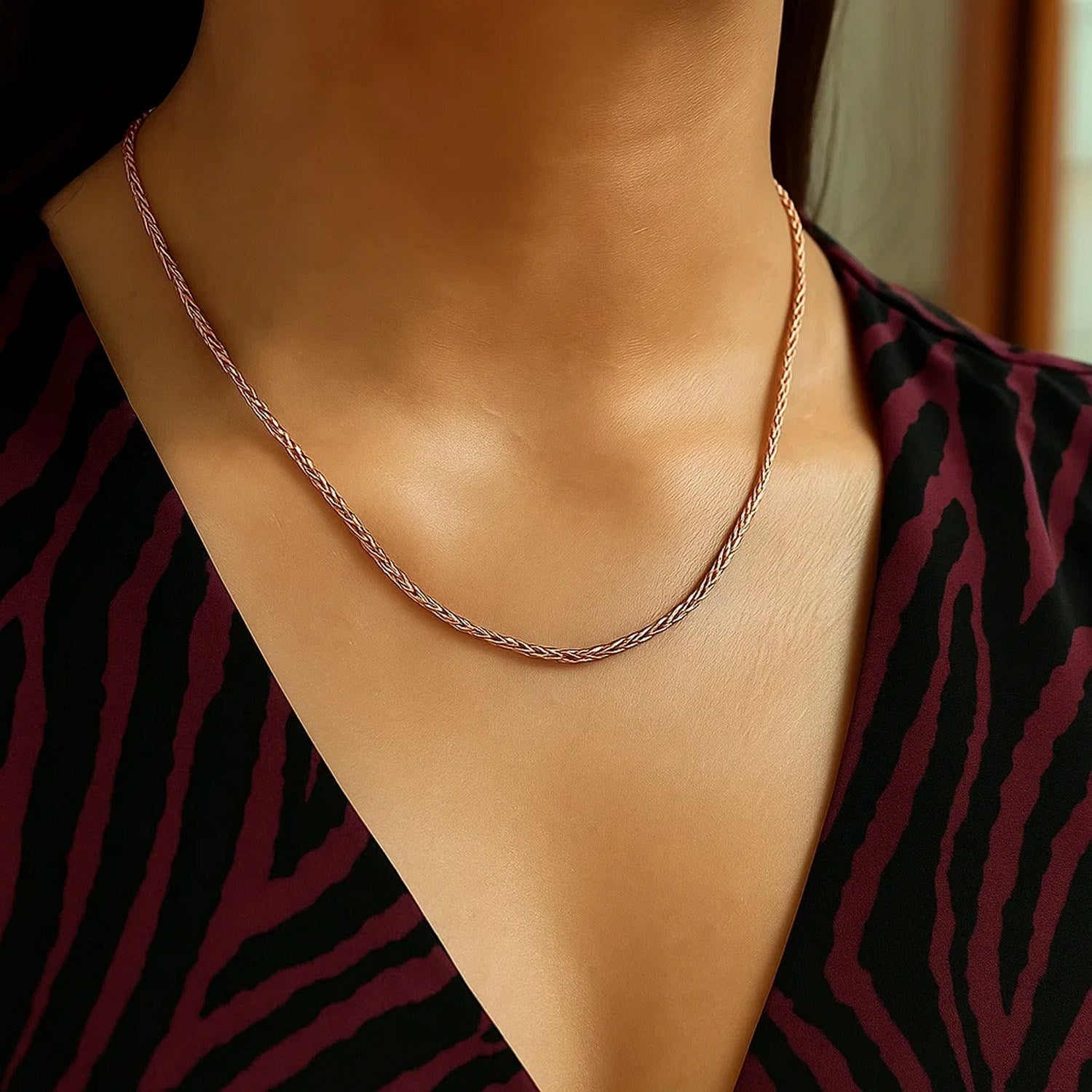 14K Rose Gold Round Wheat Chain – 1.00mm, Solid Gold
