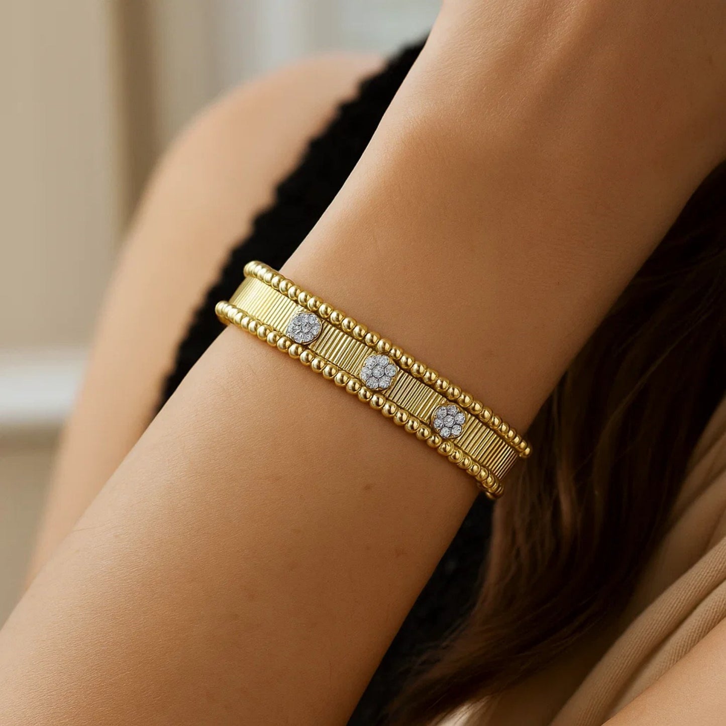14K Two-Tone Diamond Pallina Cuff Bangle, 9 mm