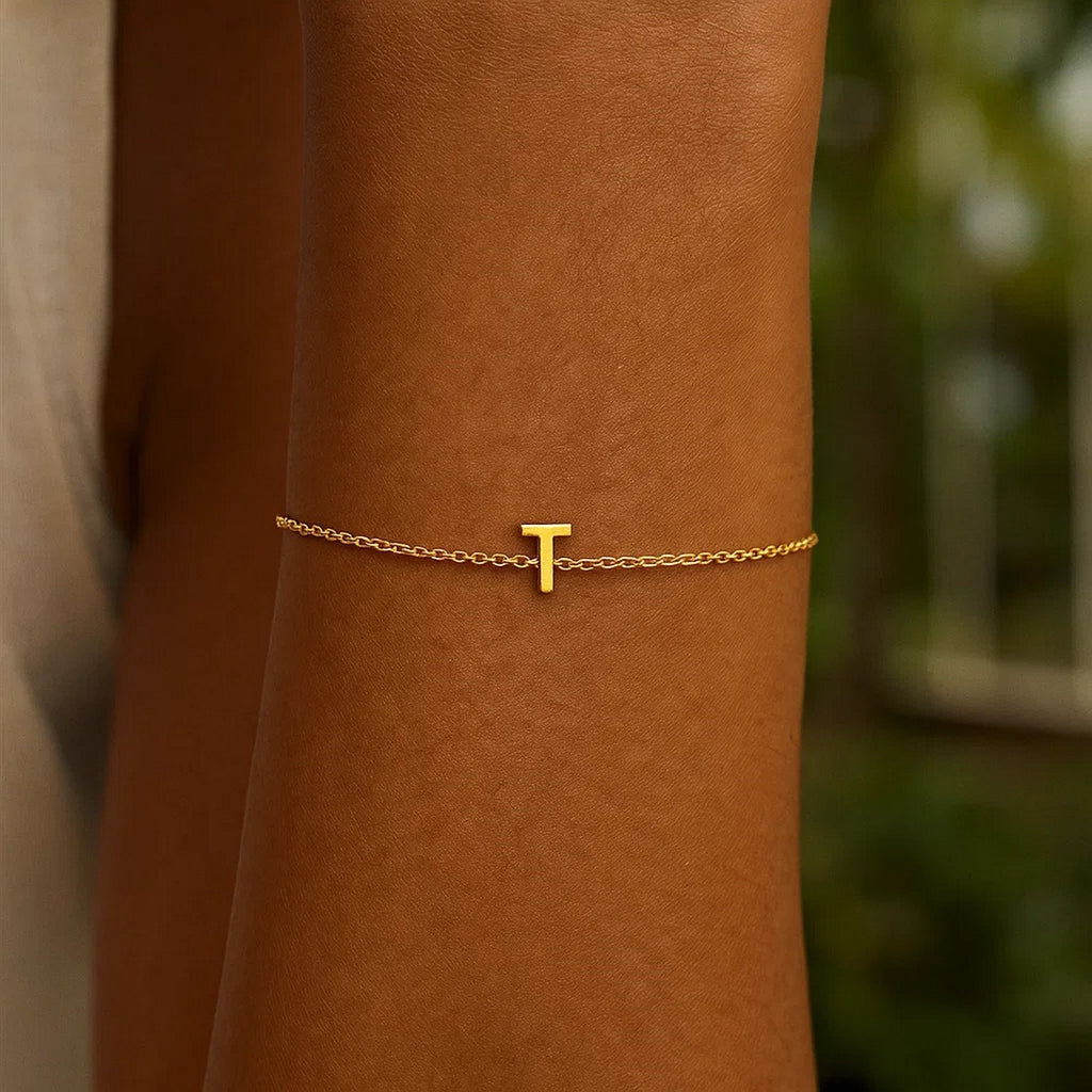 14K Yellow Gold Women's Mini Initial T Bracelet – 7 Inches – 14K Gold