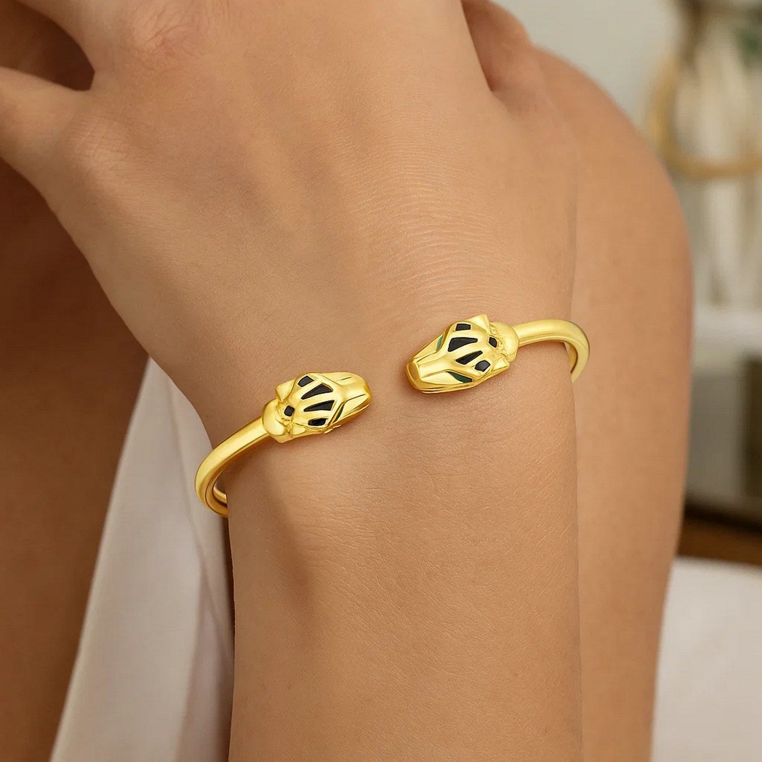 14K Yellow Gold Panther Bangle – 3mm Solid Gold Statement Bracelet