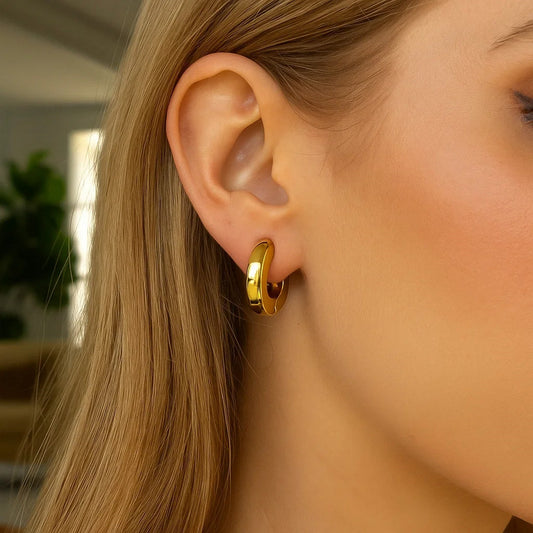 14K Yellow Gold Thick Post Hoop Earrings