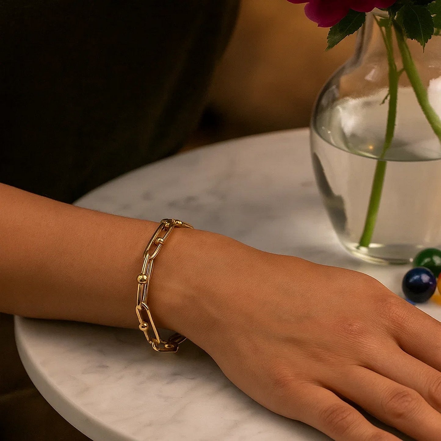 14K Yellow Gold Beaded Oval Link Chain Bracelet (7.20 mm)