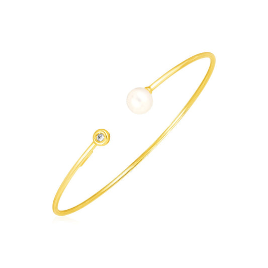 14K Yellow Gold Pearl & Diamond Cuff Bangle (3.00 mm)