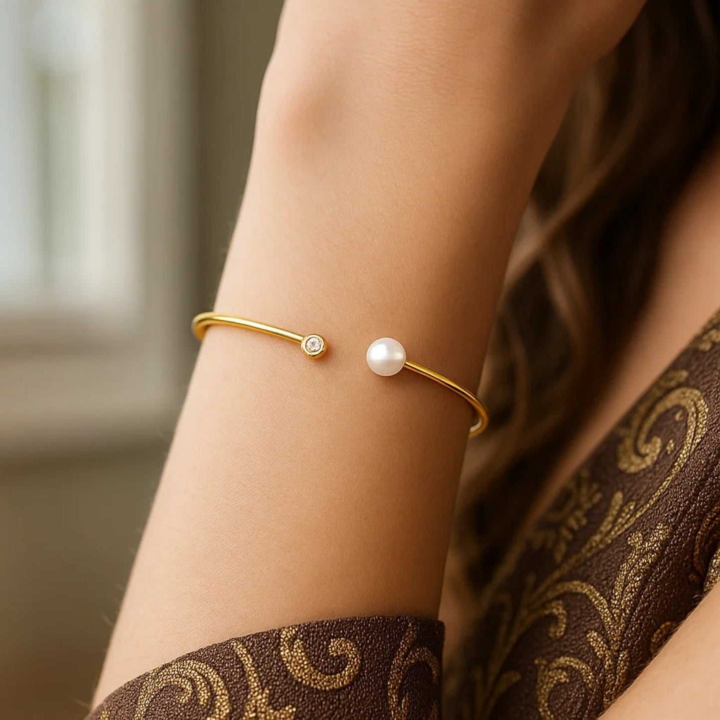 14K Yellow Gold Pearl & Diamond Cuff Bangle (3.00 mm)