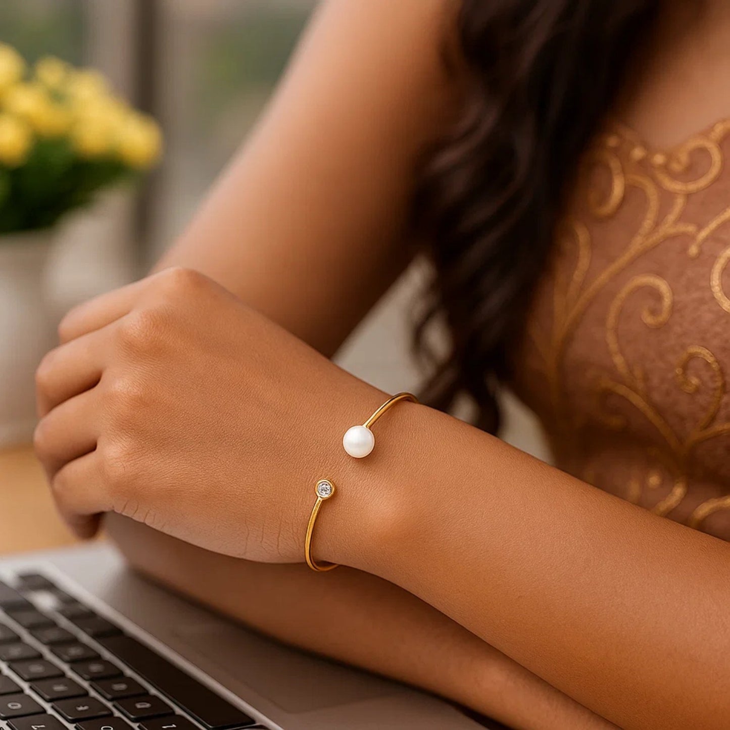 14K Yellow Gold Pearl & Diamond Cuff Bangle (3.00 mm)