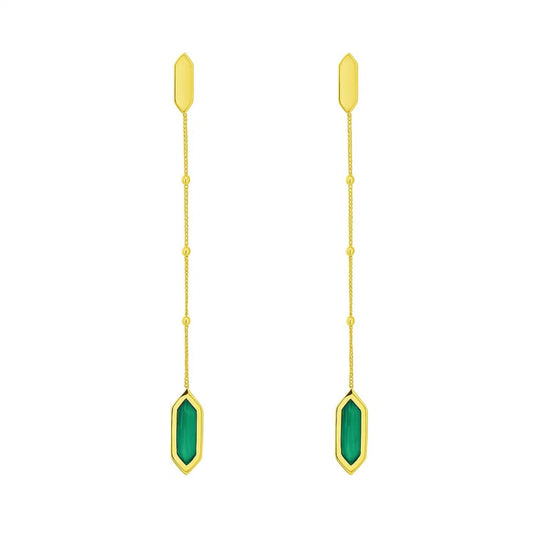 14K Yellow Gold Hexagon Malachite Drop Earrings