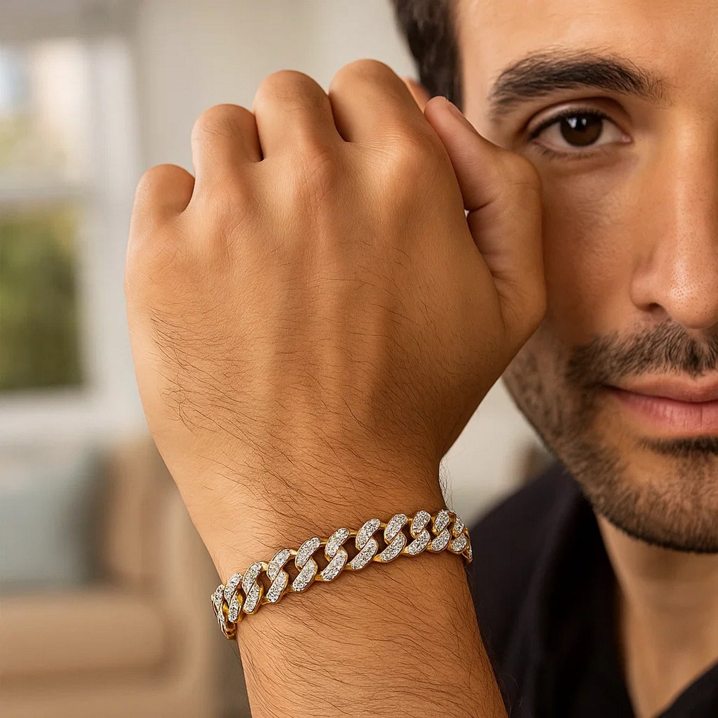 14K Two-Tone Gold Diamond Pavé Curb Chain Bracelet (9.50 mm)