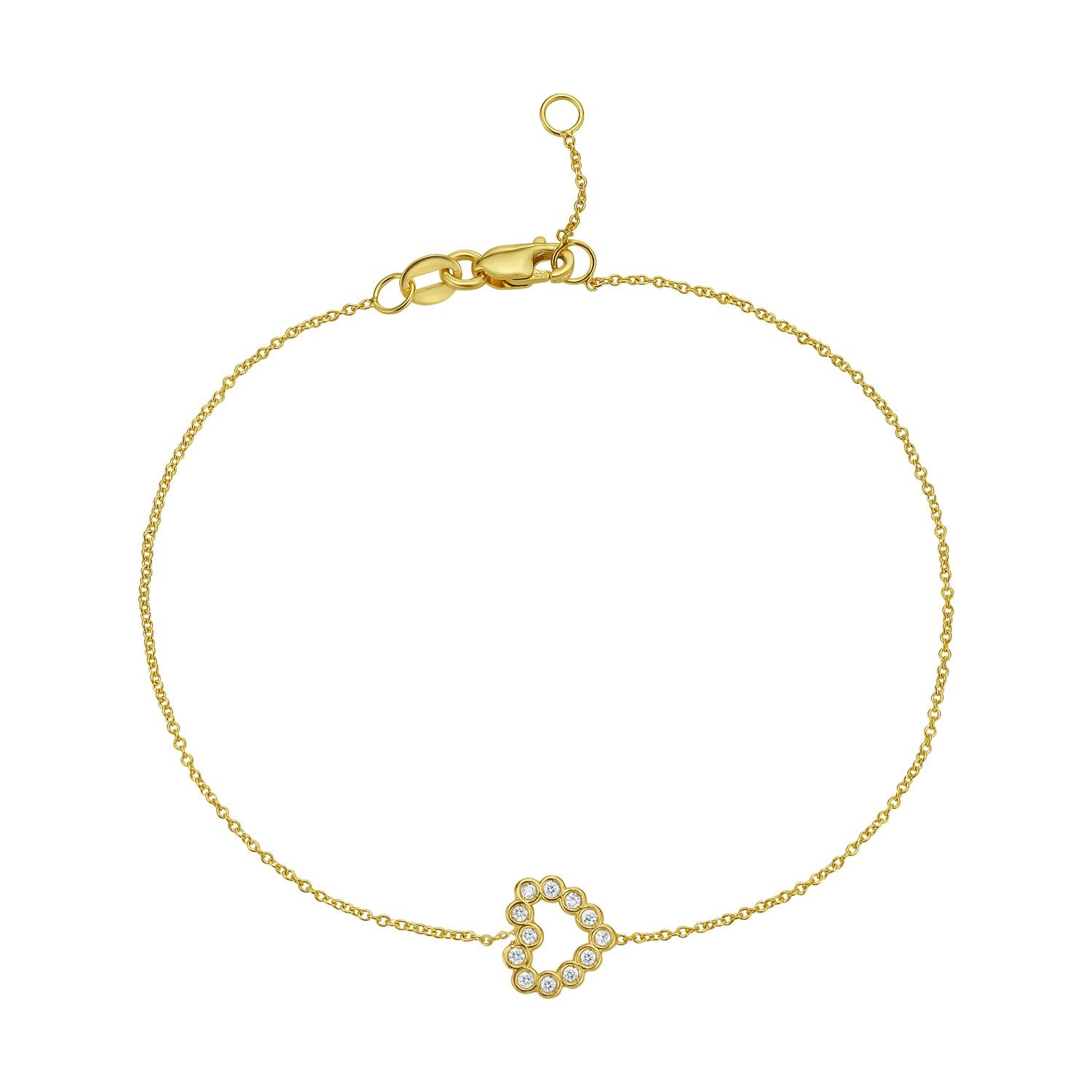 14k yellow gold petite diamond heart bracelet on a delicate cable chain, 7 inch. on white background.